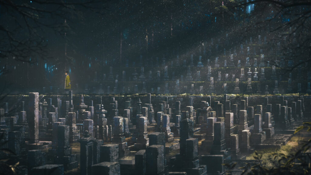 Szene aus dem Anime Film: Ein Mann steht auf einem Weg, welcher zwischen vielen Grabsteinen entlang führt.