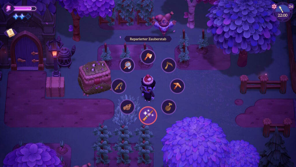 Screenshot aus Moonlight Peaks, auf dem ein kleiner Garten zu sehen ist, in dem ein paar Sachen angebaut werden. Zu lesen ist: Reparierter Zauberstab. Wir sehen ein Auswahlrad mit acht verschiedenen Gegenständen. Axtr, Sichel, Spitzhacke, Schaufel, Zauberstab, Gießkanne, Angel und einen Kescher