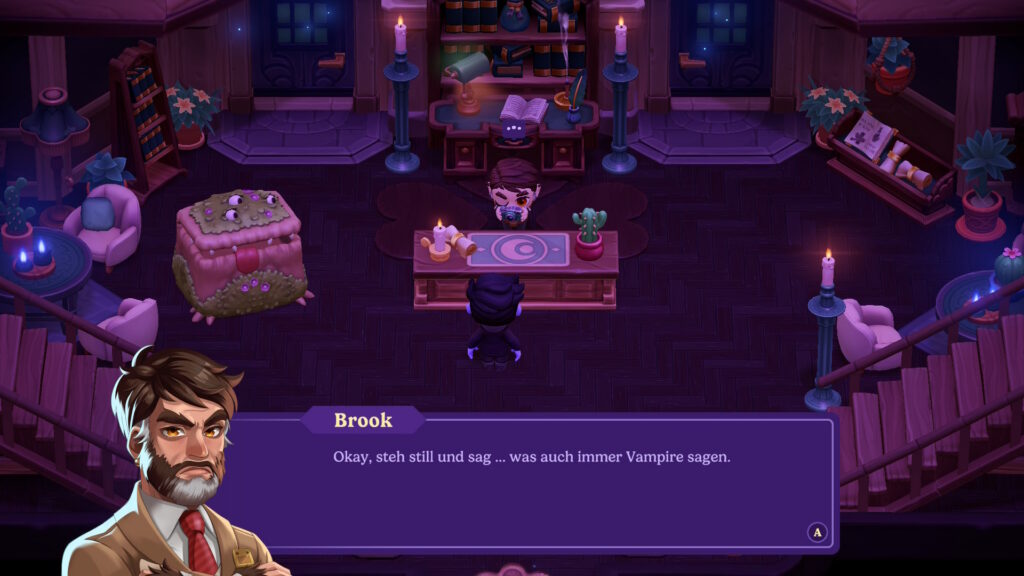 Screenshot aus Moonlight Peaks, wo Brook zu uns sagt: „Okay, steh still und sag ... was auch immer Vampire sagen."