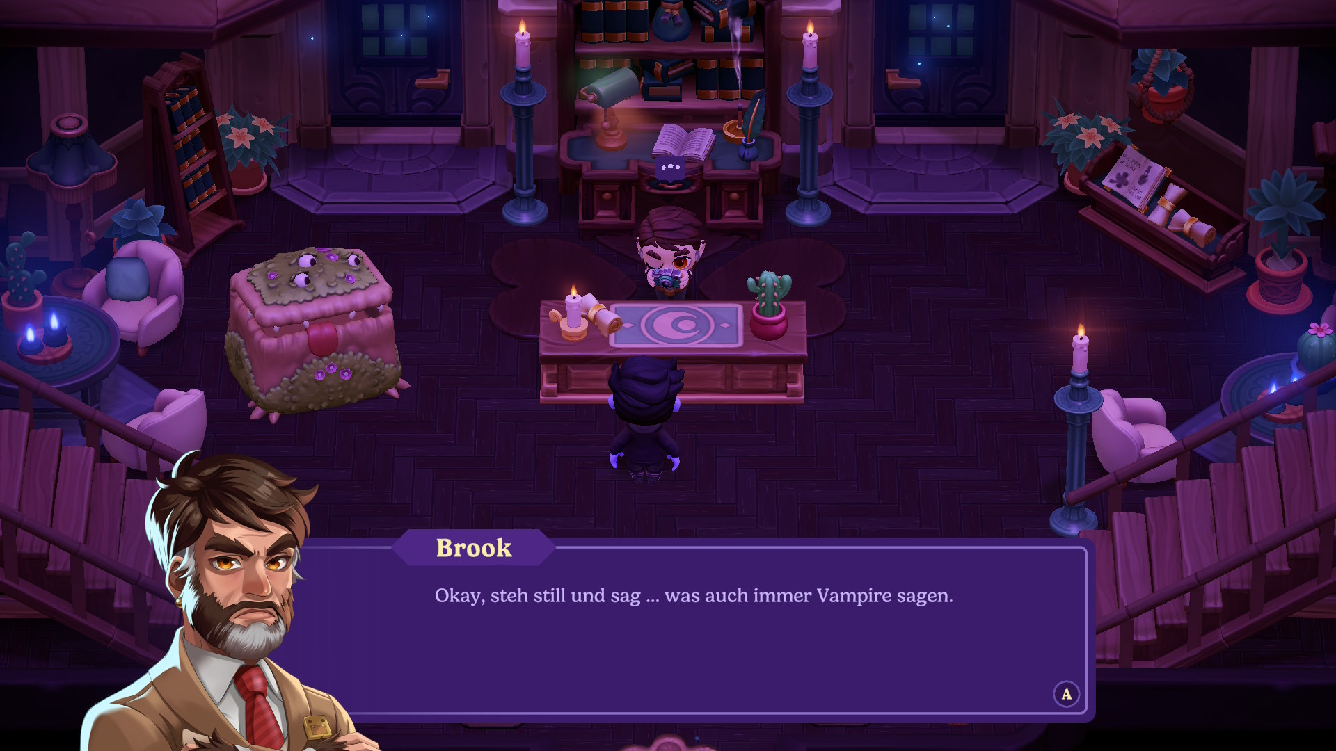Screenshot aus Moonlight Peaks, wo Brook zu uns sagt: „Okay, steh still und sag ... was auch immer Vampire sagen."