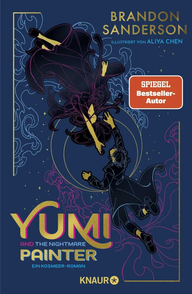 Blau und Lila gehaltenes Cover. Oben rechts steht „Brandon Sanderson, Illustriert von Aliya Chen". Unten links steht „Yumi and the Nightmare Painter, ein Kosmeer-Roman". Mittig sind zwei Personen, oben eine Frau und unten ein Mann, die versuchen sich die Hand zu reichen.