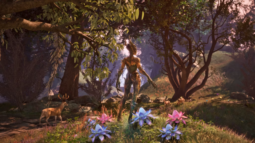 The Elder Scrolls IV: Oblivion Remastered Ein Wald, Bäume, Blumen, Wiese und eine Kreatur die mittig auf dem Bild steht.