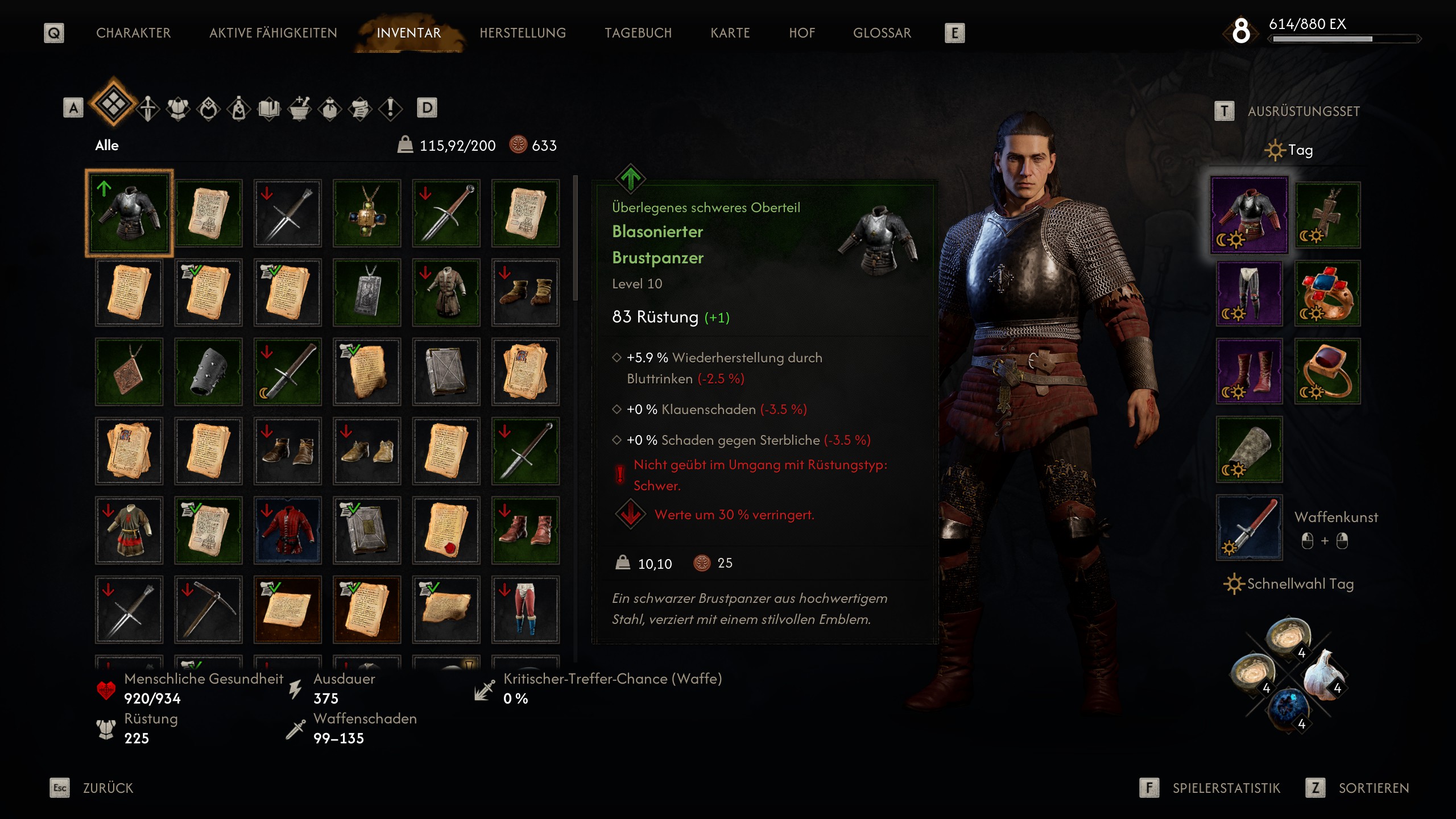 Das Inventar und die Ausrüstungsslots von „The Blood of Dawnwalker". Links haben wir das Inventar, welches kategorisiert ist z.B in Alle, Waffen, Rüstungen usw ... Rechts haben wir den Slot für die Ausrüstung selber wie Oberteil, Hose, Schuhe, Armreif, Waffe, Schmuck.