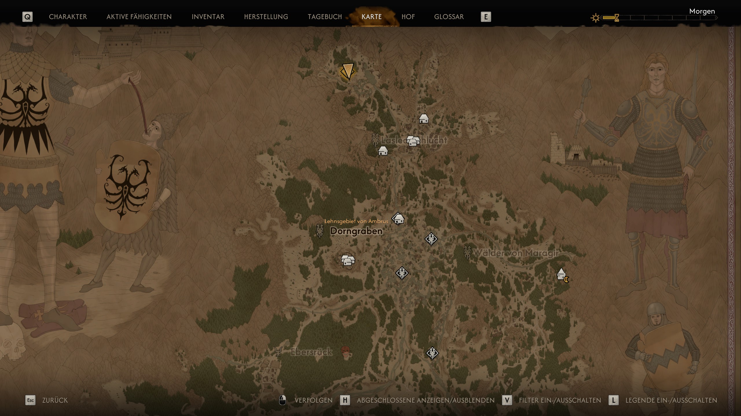 Dies ist die Map von „The Blood of Dawnwalker". Wir sehen einige Icons auf der Karte, die zum Beispiel wichtige Ortschaften markieren.